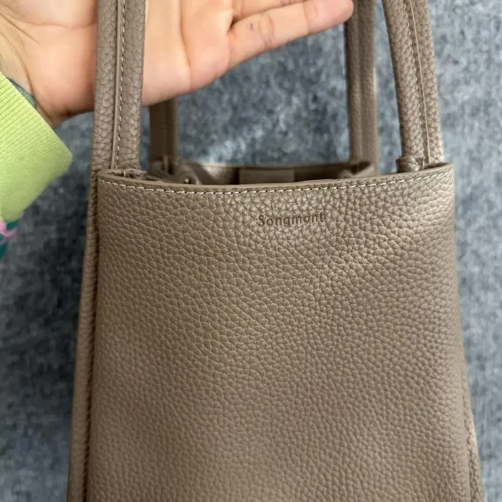 Songmont Mini Tote Bag in Taupe Pebbled Leather Top Handle Bucket Minimalist